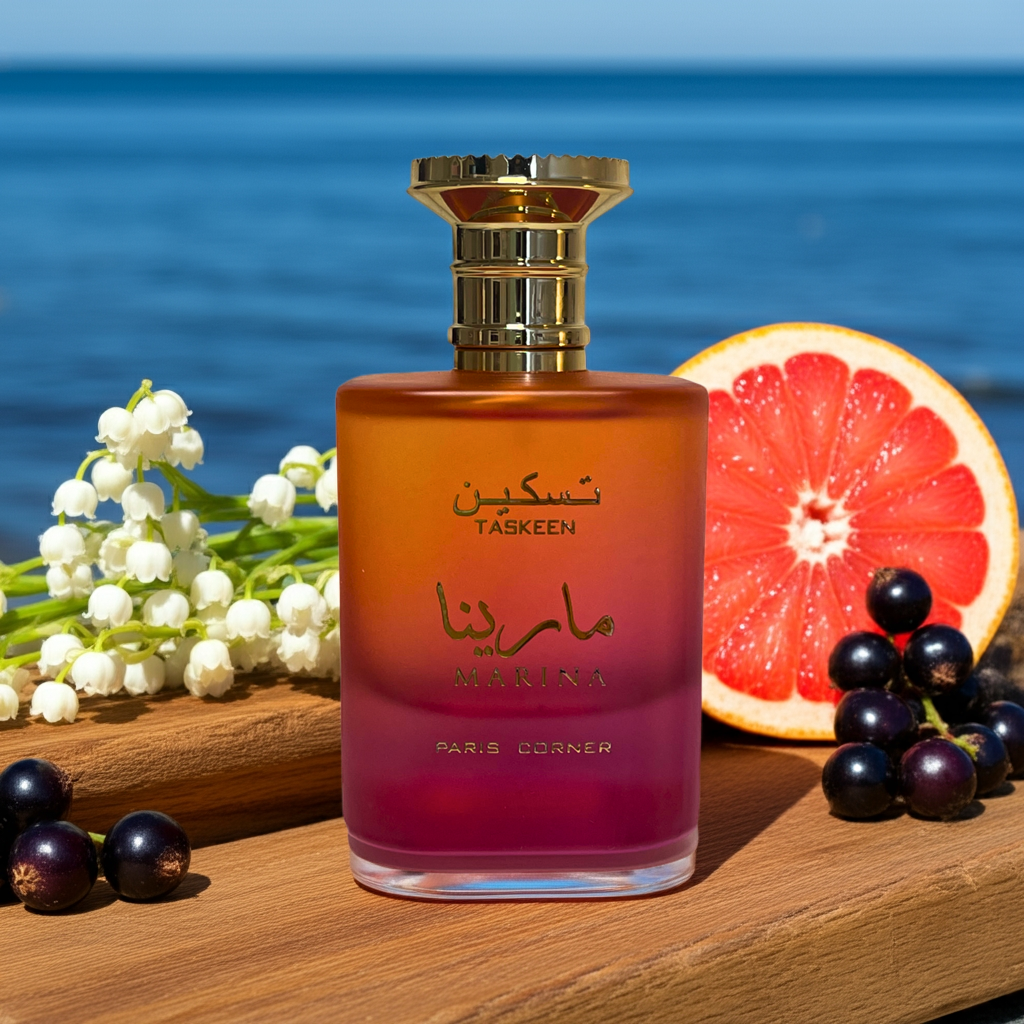 Notes de Taskeen Marina – Paris Corner : notes ozoniques, fleurs blanches, fruits doux, musc et bois clairs.