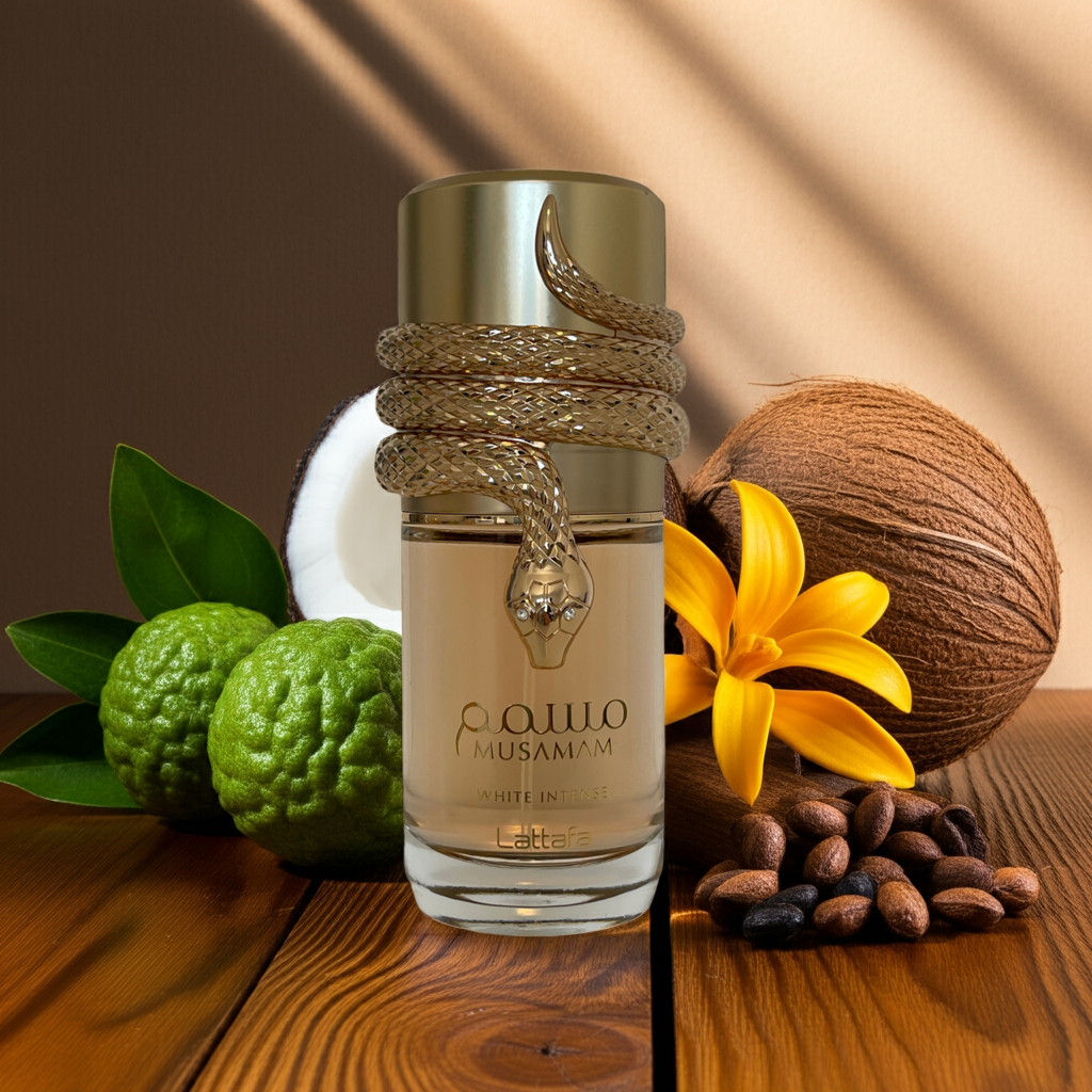 Notes de Musamam White Intense : agrumes frais, touches florales douces, musc blanc, noix se coco, bois nobles et ambre léger.