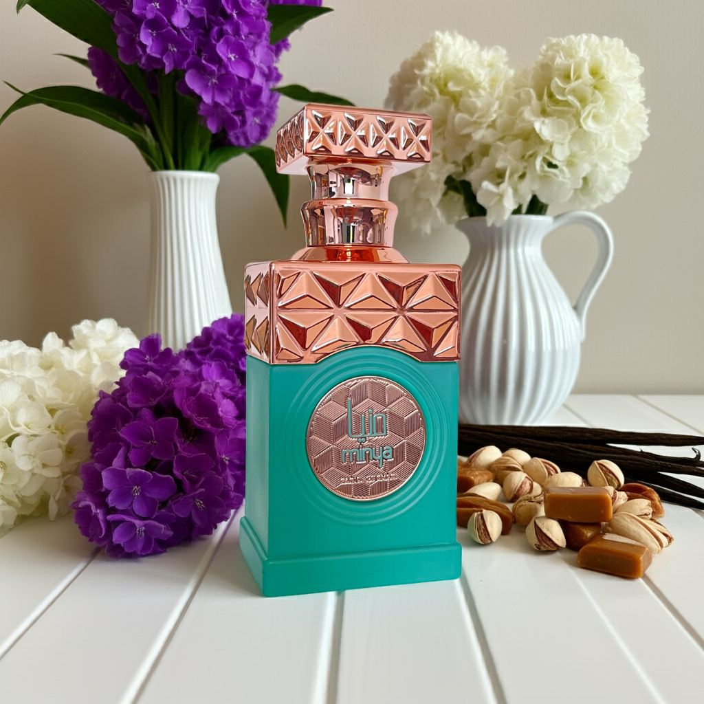 Notes de Minya Green – Paris Corner : Amandes, Pistache, vanille, Caramel salée, Héliotrope, jasmin, feuilles de violette, bois clairs et musc doux.