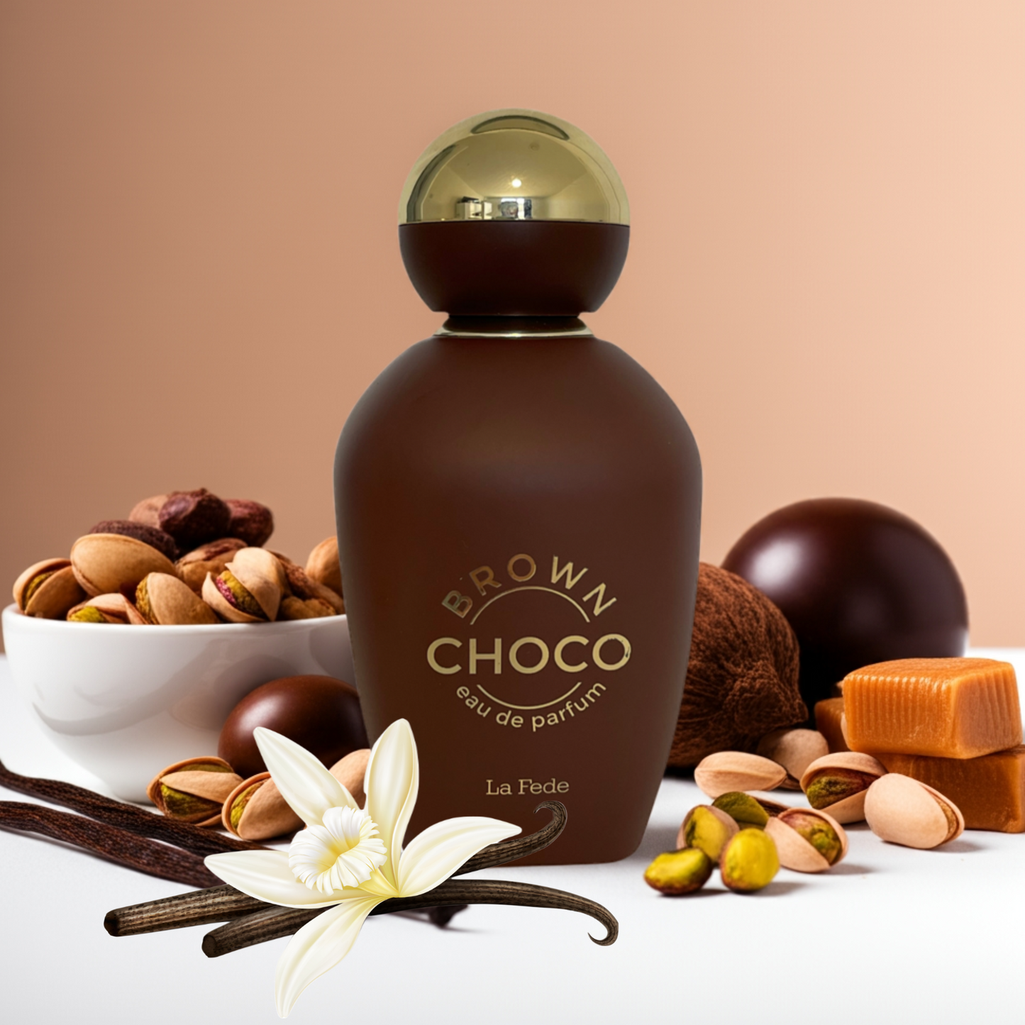 Notes de Brown Choco – Khadlaj : chocolat noir, vanille crémeuse, bois chauds et touche sucrée.