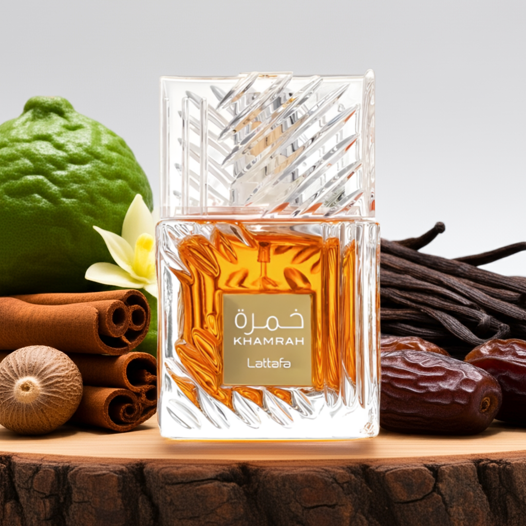 Notes de Khamrah : cannelle, noix de muscade, datte, praline, vanille, ambroxan et musc blanc.