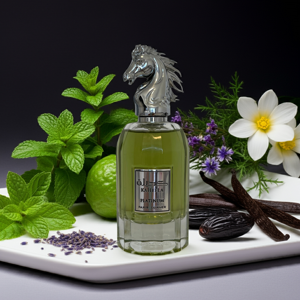 Notes de Khaeela Platinum : épices chaudes, bois nobles, cuir, ambre, vanille, lavande, bergamote et tonka bean.