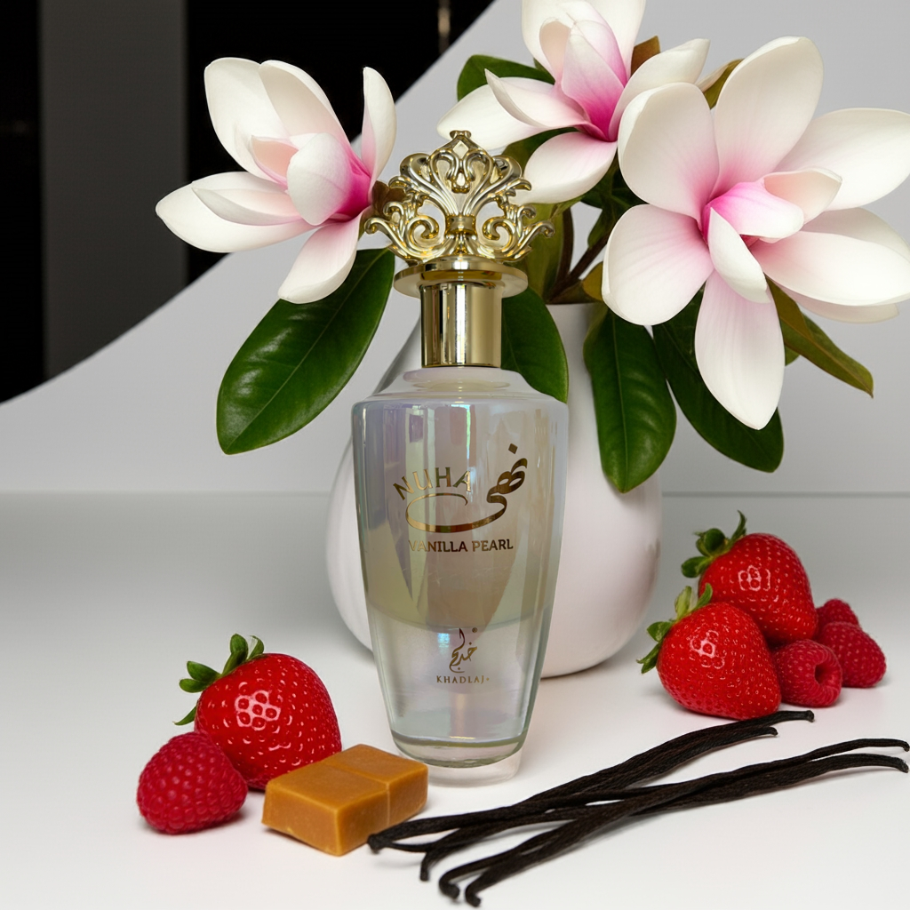 Notes de Nuha Vanilla Pearl – Khadlaj : vanille crémeuse, fleurs blanches, musc soyeux.