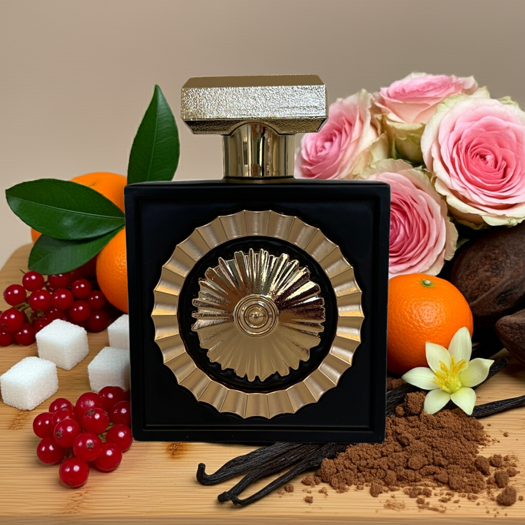 Notes de Nebras – Lattafa : fruits rouges, vanille, cacao, rose, fève tonka et ambre chaud.