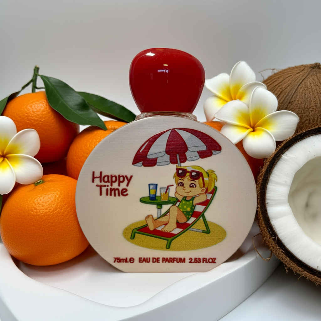 Notes de Happy Time : agrumes doux, noix de coco, mandarine, fruits sucrés, musc délicat.