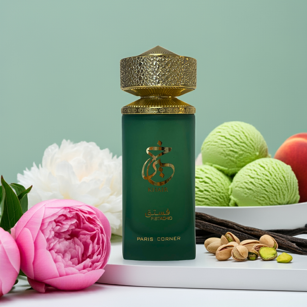 Notes de Khair Pistachio : pistache, fruits secs, fleurs douces, bois de santal et vanille chaleureuse.