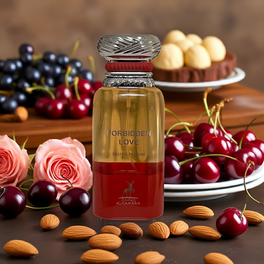 Notes de Forbidden Love – Maison Alhambra : cerise noire, fruits rouges, jasmin, rose, vanille, fève tonka et bois ambrés.