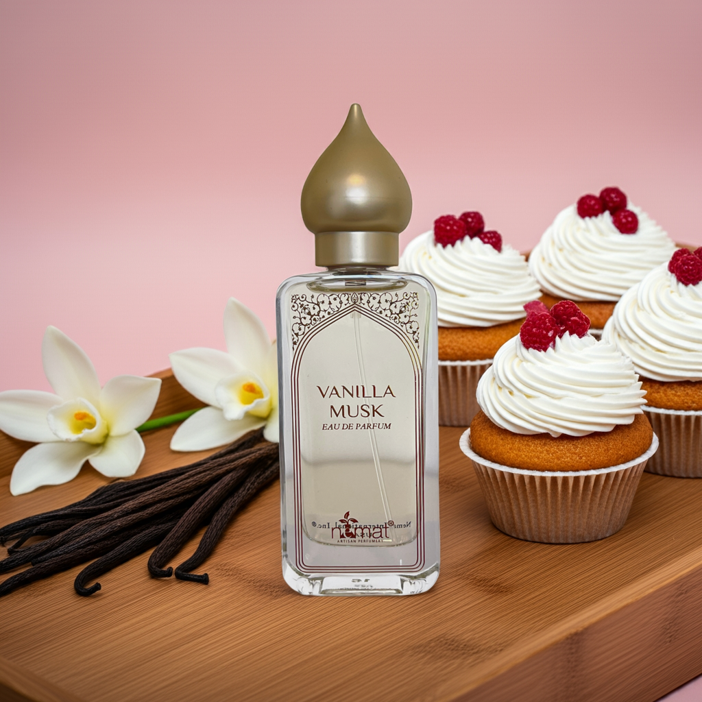 Notes de Vanilla Musk – Nemat : vanille crémeuse, musc doux, touche boisée légère.
