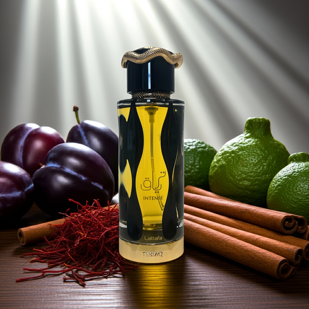 Notes de Teriaq Intense – Lattafa : vanille, ambre, bois précieux,ambar, prune, cannelle, musc, caramel et encens.