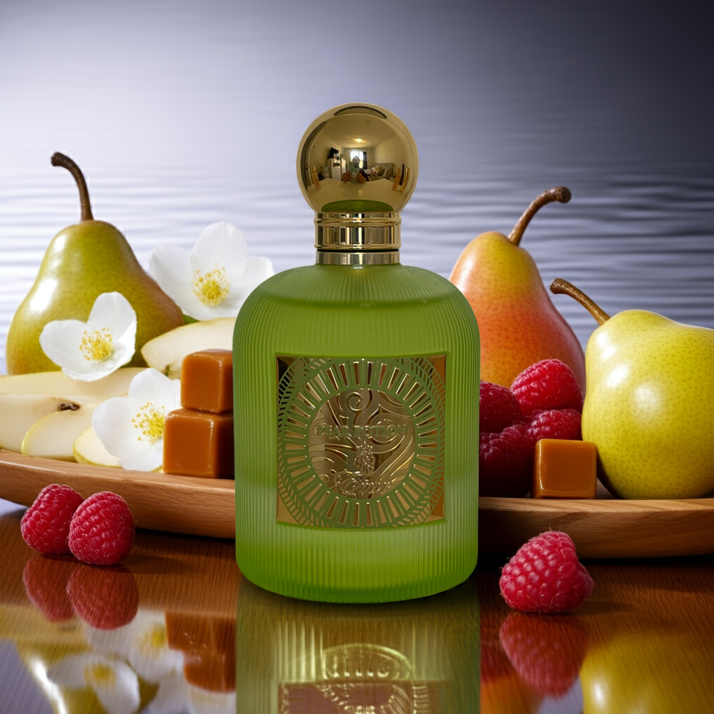 Notes de Pear Potion – Emir by Paris Corner : poire juteuse, caramel, framboises,fleurs blanches et bois crémeux.