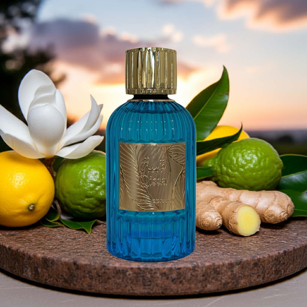 Notes de Qissa Blue – Paris Corner : citron, bergamote, magnolias, amber, bois de cèdre et musc.