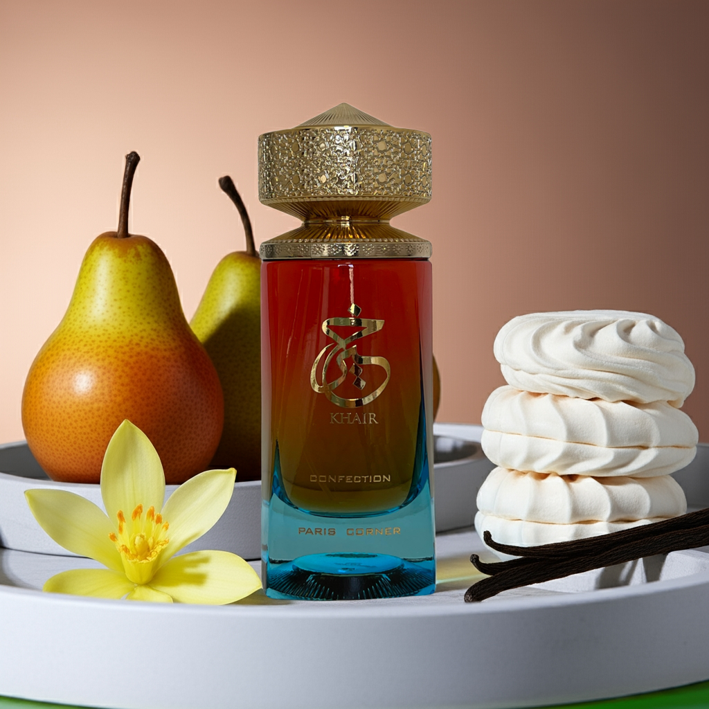 Notes de Khair Confection : vanille crémeuse, caramel, fleurs délicates, poire, guimauves,sandalwood.