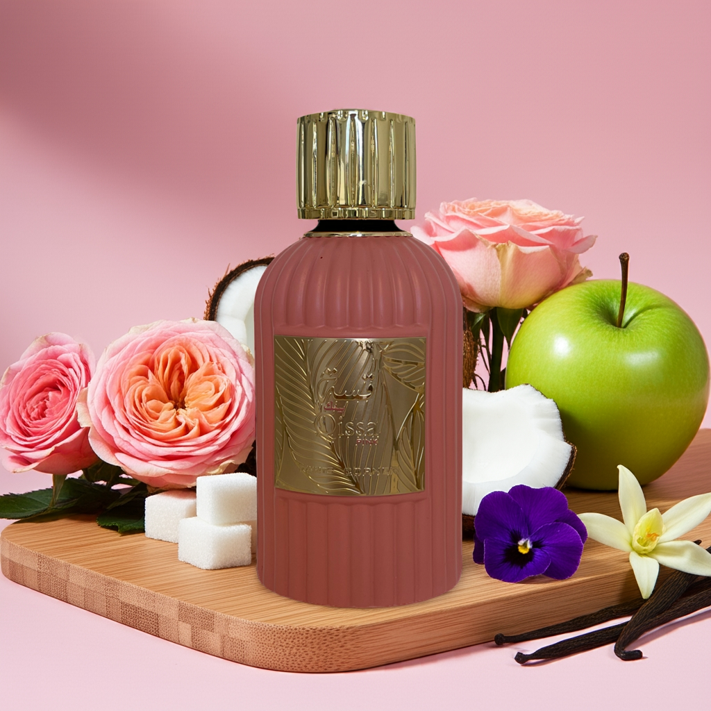 Notes de Qissa Pink – Paris Corner : baies rouges, pomme,rose, jasmin, musc blanc, noix de coco, violet et vanille.