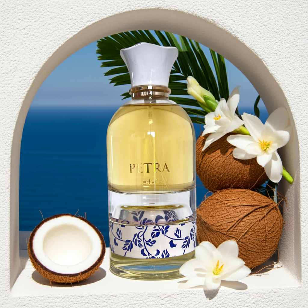 Notes de Petra – Lattafa : fruits épicés, fleurs ambrées, bois profonds et vanille sensuelle.
