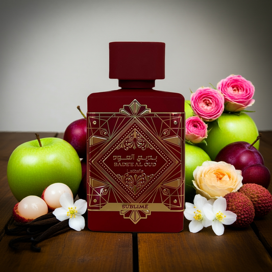 Notes de Bade’e Al Oud Sublime – Lattafa : litchi, pomme verte, prune, rose, jasmin, oud, musc et vanille.
