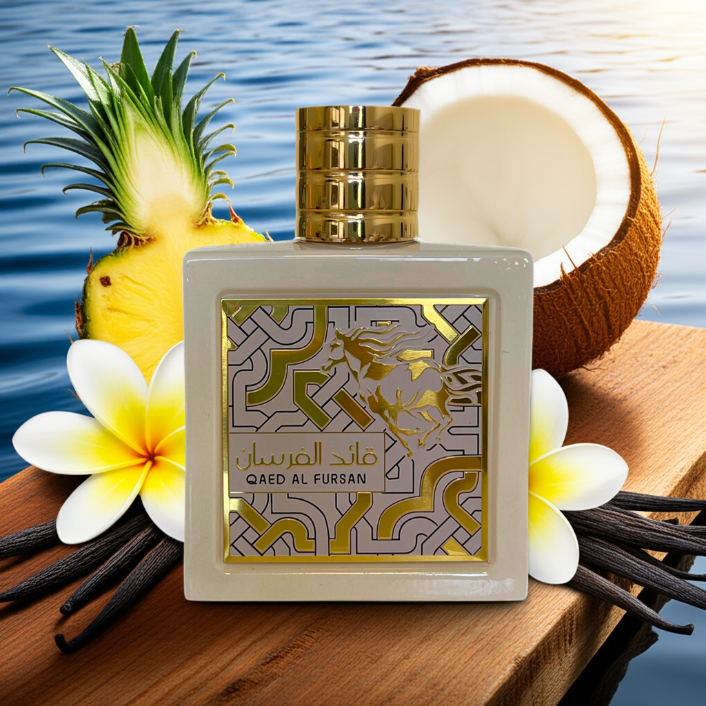 Notes de Qaed Al Fursan – Lattafa : ananas, noix de coco, bois fumés, vanille et musc.