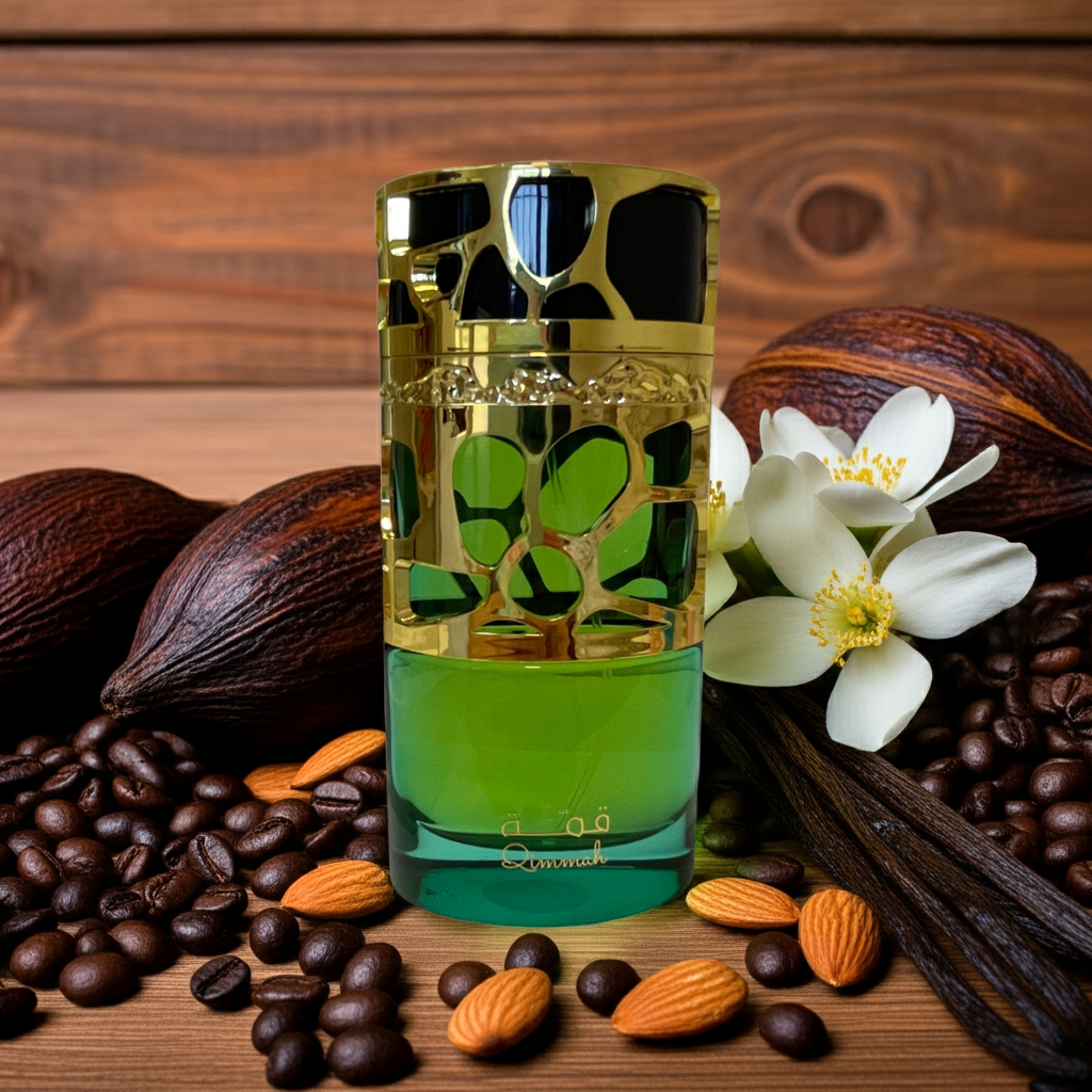 Notes de Qimmah – Lattafa : amandes, fleurs blanches, café, cacao,musc, vanille,tonka bean, ambar.