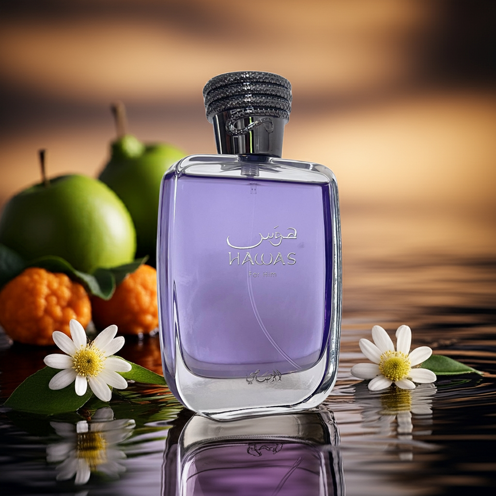 Notes de Hawas For Him – Rasasi : agrumes, pomme verte, notes marines, ambre gris, bois de santal et musc.