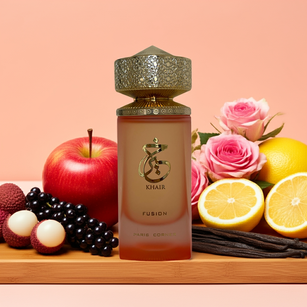 Notes de Khair Fusion : pomme, agrumes, jasmin, tubéreuse, musc, litchi,black currant et vanille douce.