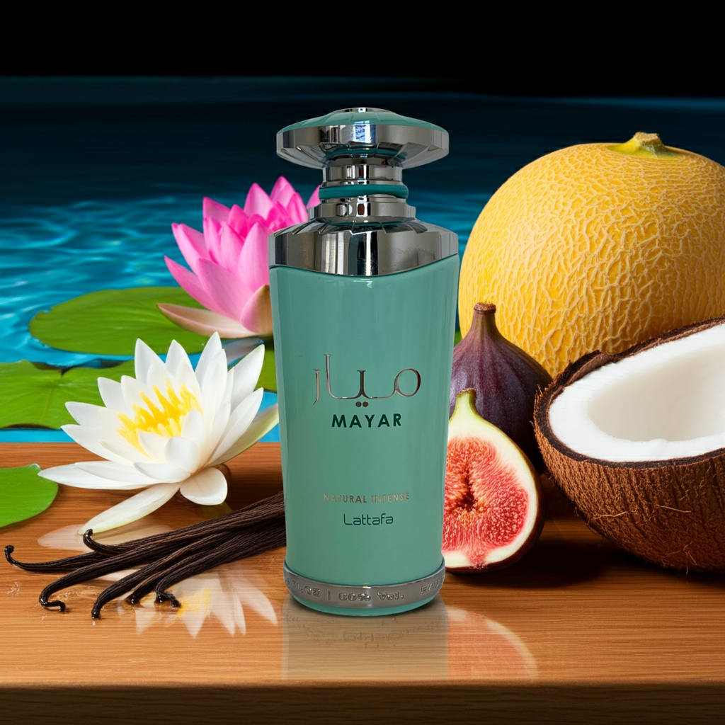 Notes de Mayar Intense : Figue, eau de noix de coco, poire, fleur d’oranger, jasmin, fleur de lotus, vanille, ambre, bois doux et musc.