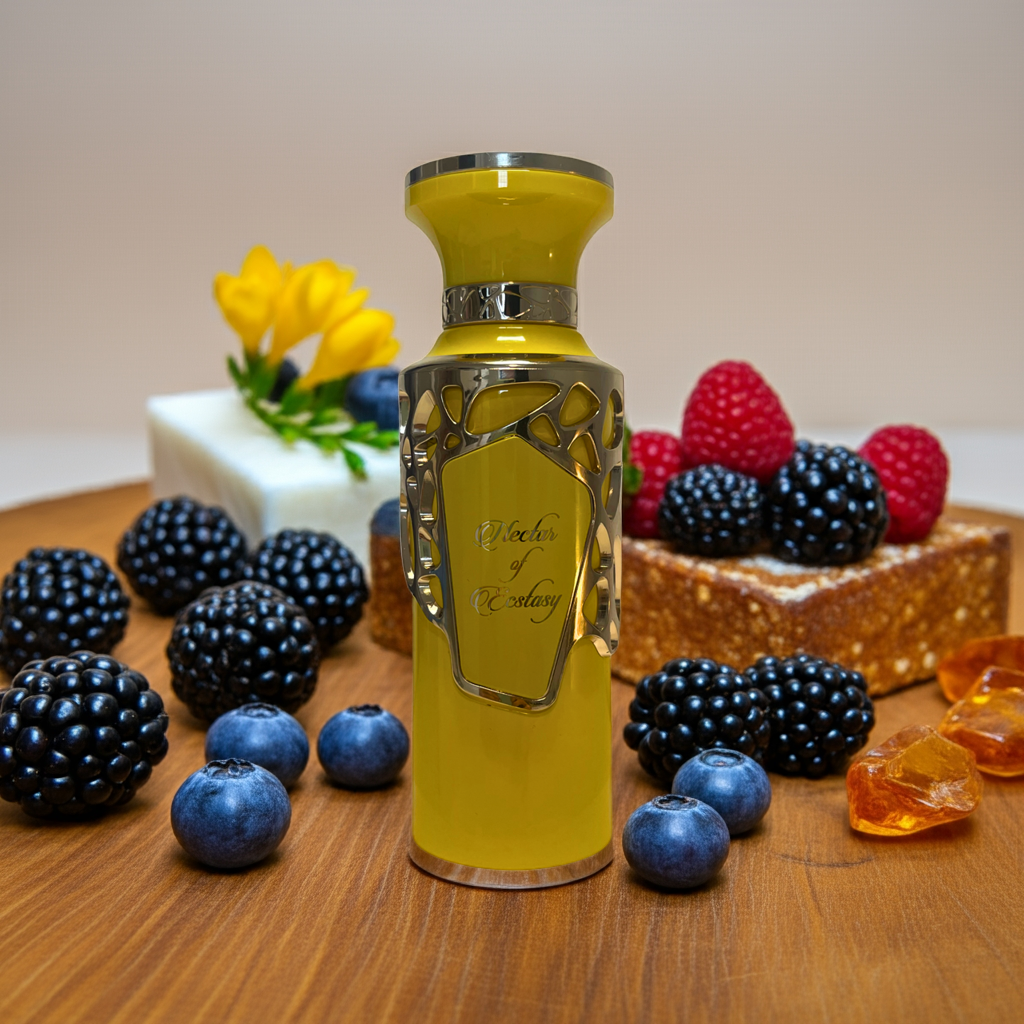 Notes de Nectar of Ecstasy – Fragrance World : fruits exotiques, arándanos, fleur de fresia, ambre, musc et vanille.