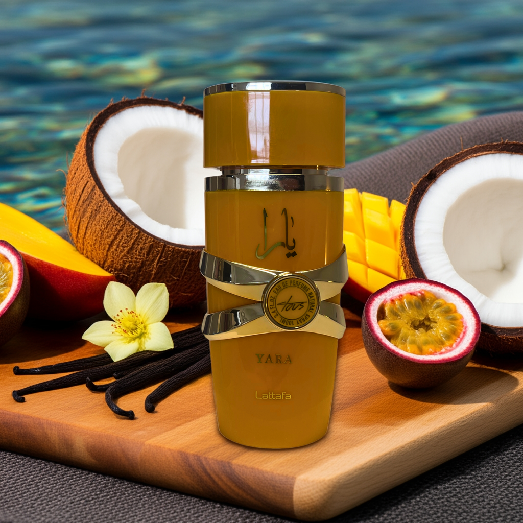 Notes de Yara Tous – Lattafa : mangue, noix de coco, fleurs blanches, vanille, musc.