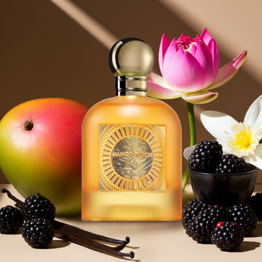 Notes de Mango Punch : mangue juteuse, agrumes, fruits exotiques, fleurs douces, musc léger et bois velouté.