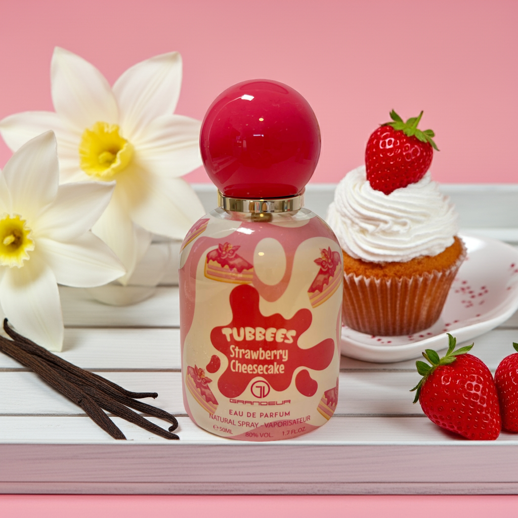 Notes de Tubbees Strawberry Cheesecake – Grandeur : fraise acidulée, cheesecake crémeux, vanille douce et musc gourmand.
