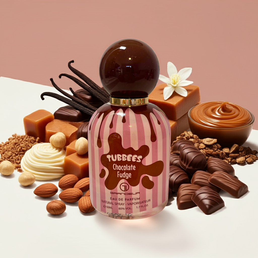 Notes de Tubbees Chocolate Fudge – Grandeur : chocolat noir, caramel fondant, vanille, fève tonka et musc doux.