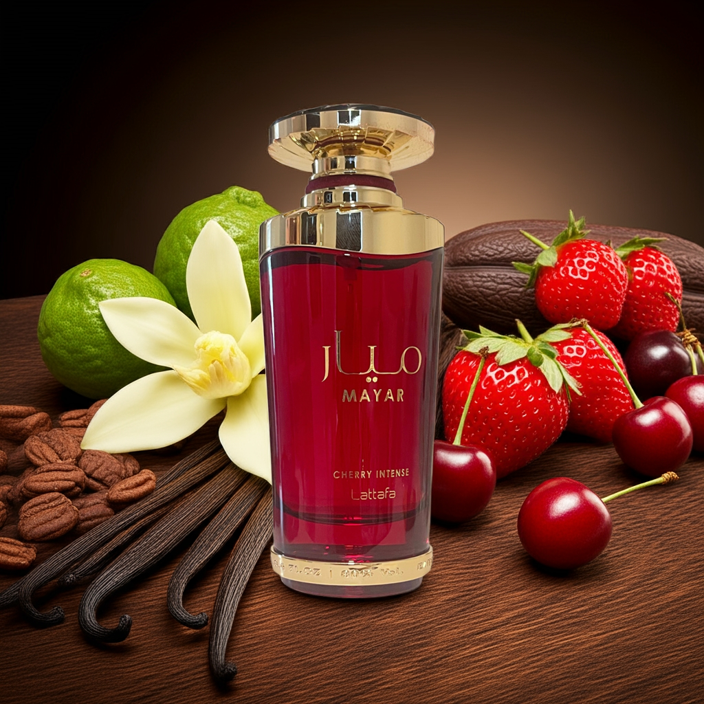 Notes de Mayar Cherry – Lattafa : cerise, freses, bergamote, fleurs blanches, cacao, ambre et vanille.