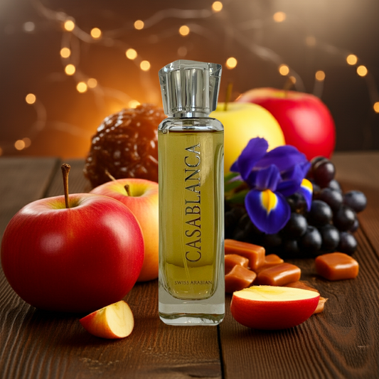 Notes de Casablanca – Swiss Arabian : pomme, raisin, caramel, ambre et musc soyeux.