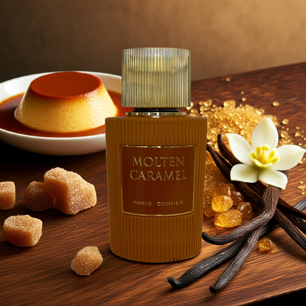 Notes de Molten Caramel : caramel chaud, vanille, accords lactés, bois doux, ambre et musc.