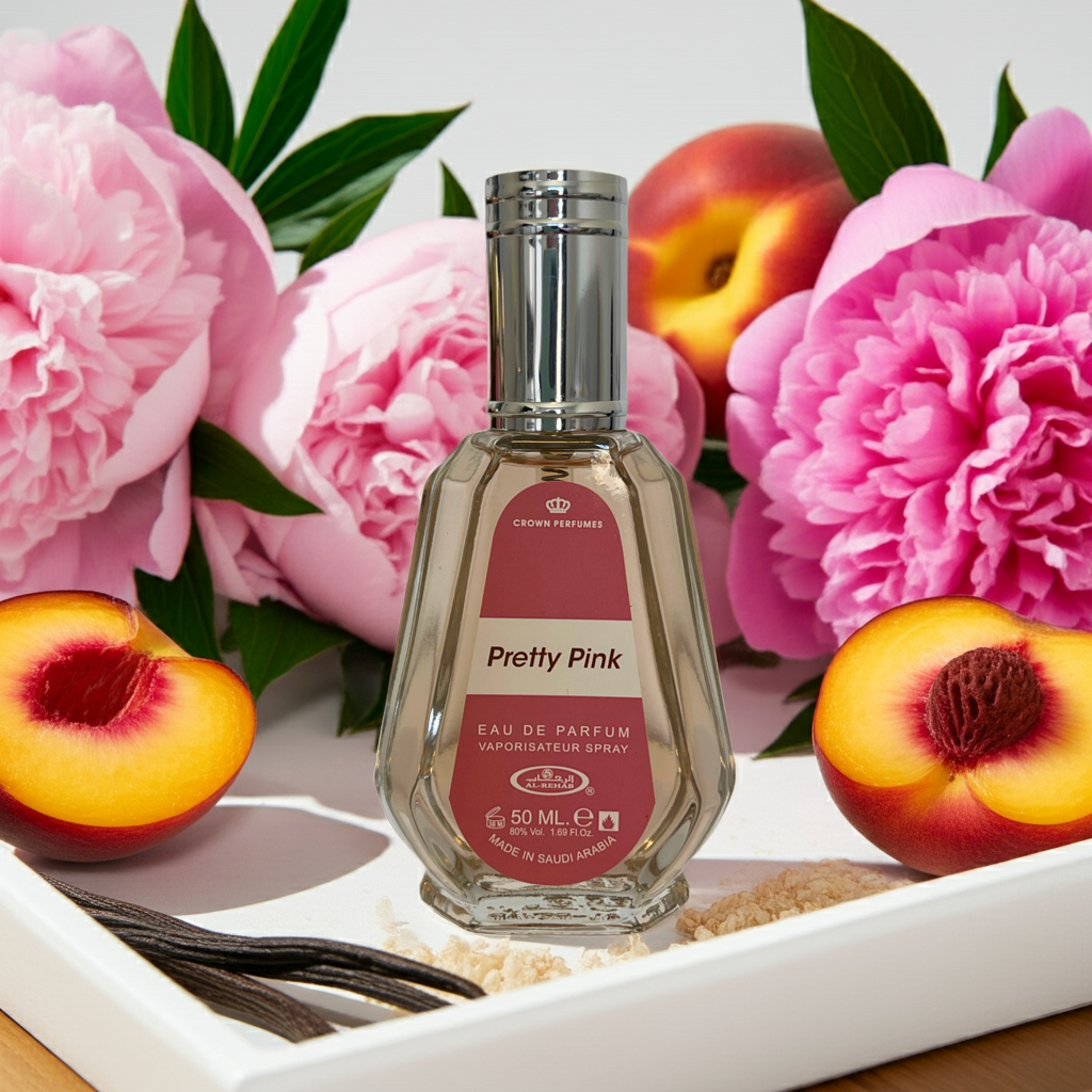 Notes de Pretty Pink – Al Rehab : fleurs blanches, peony, peach,musc doux et touche sucrée poudrée.