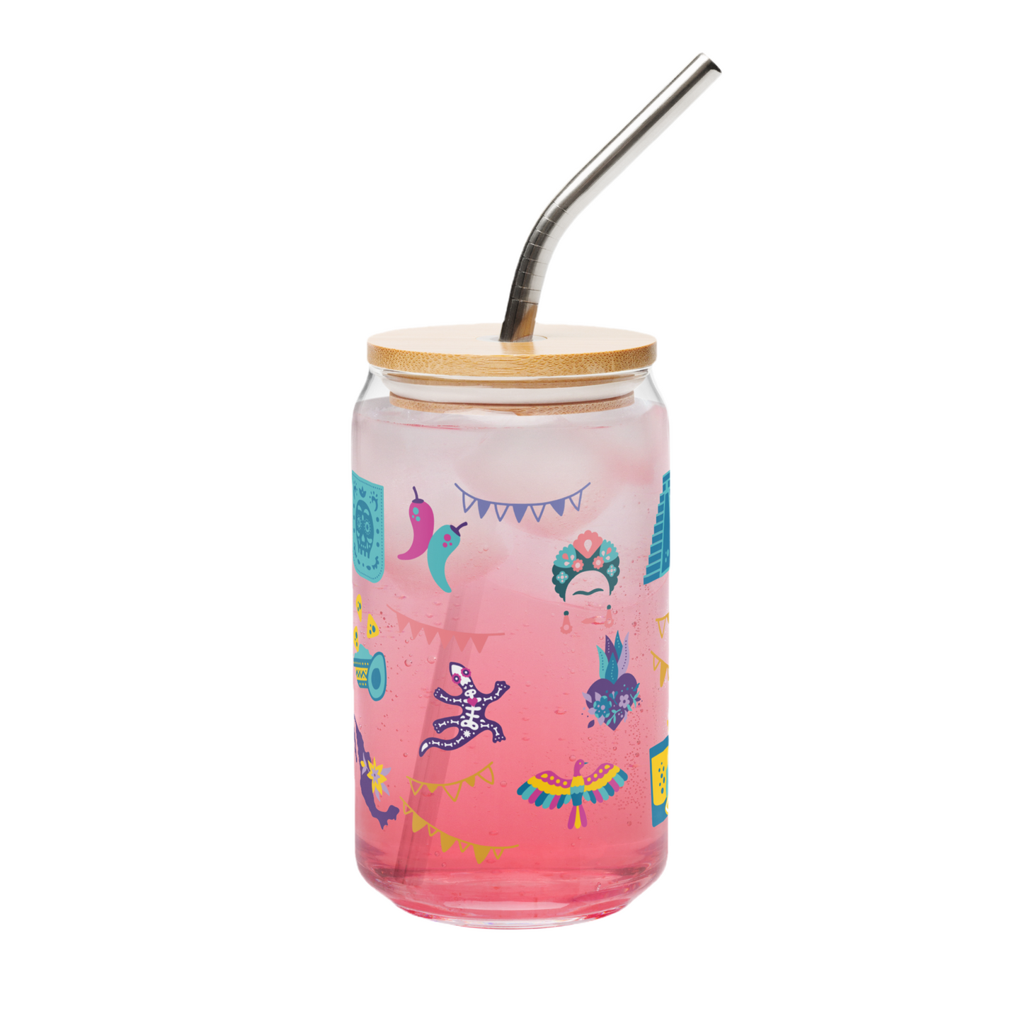 Verre motifs mexicains avec couvercle en bambou et paille / Design coloré et festif – 473 ml