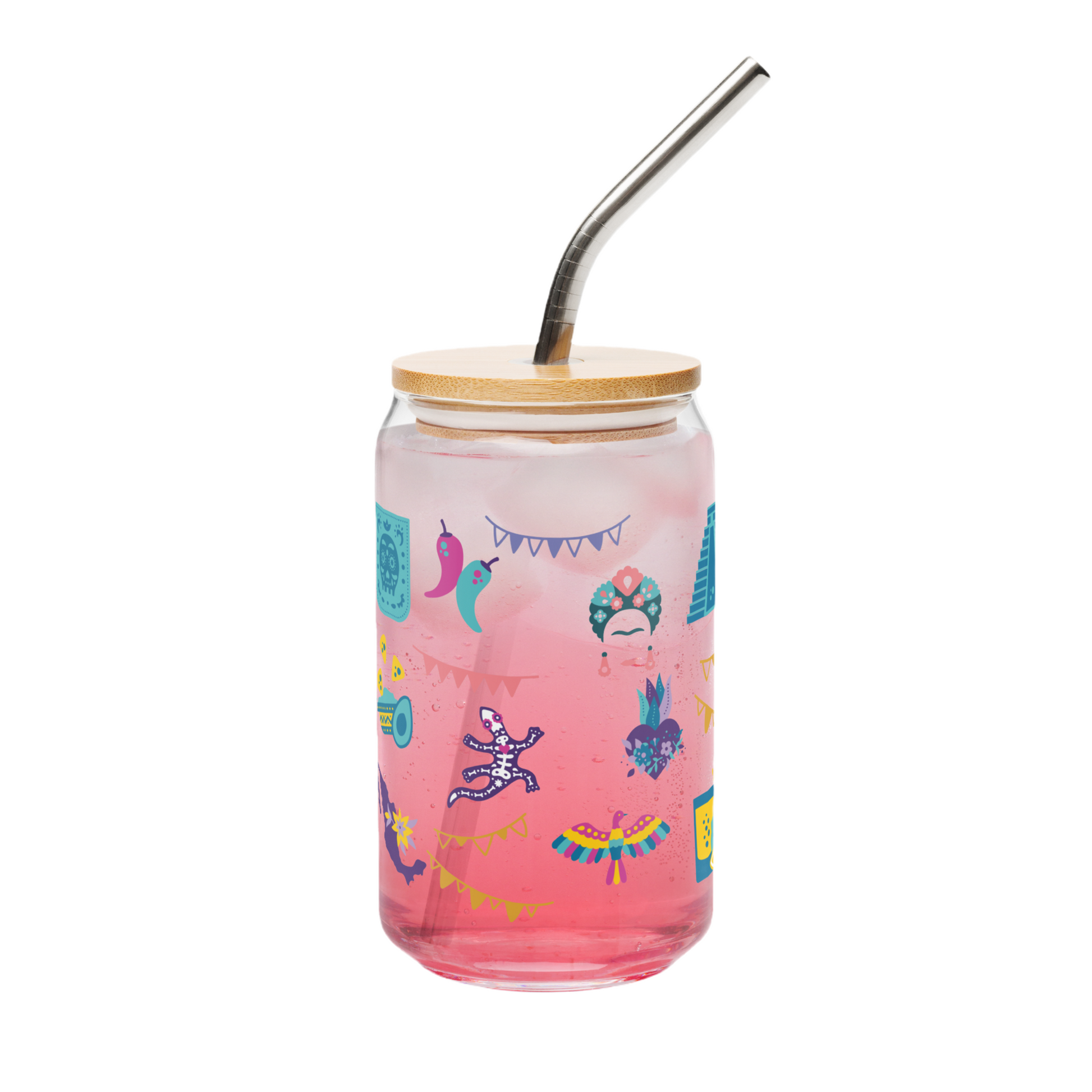 Verre motifs mexicains avec couvercle en bambou et paille / Design coloré et festif – 473 ml