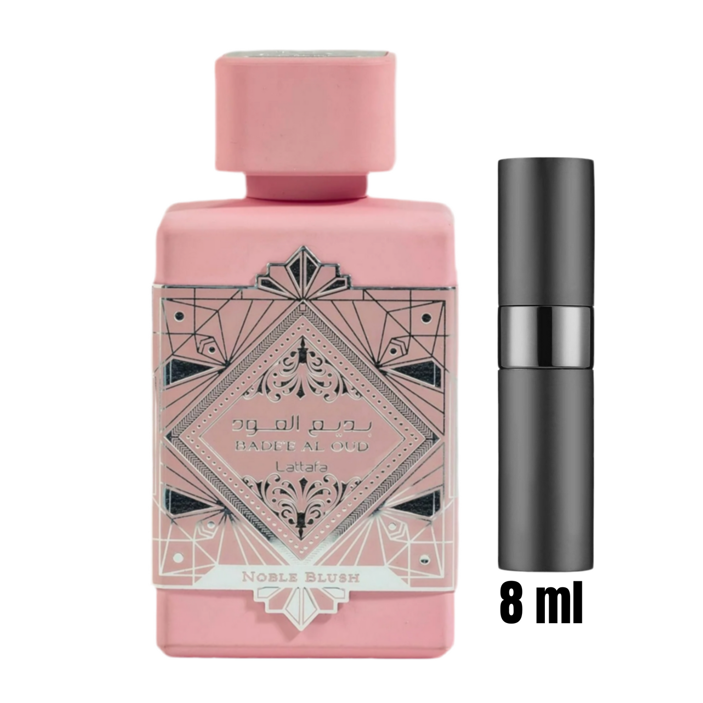 Échantillon 8 ml de Badee Al Oud Noble Blush – Lattafa / Élégance florale et boisée en format voyage.
