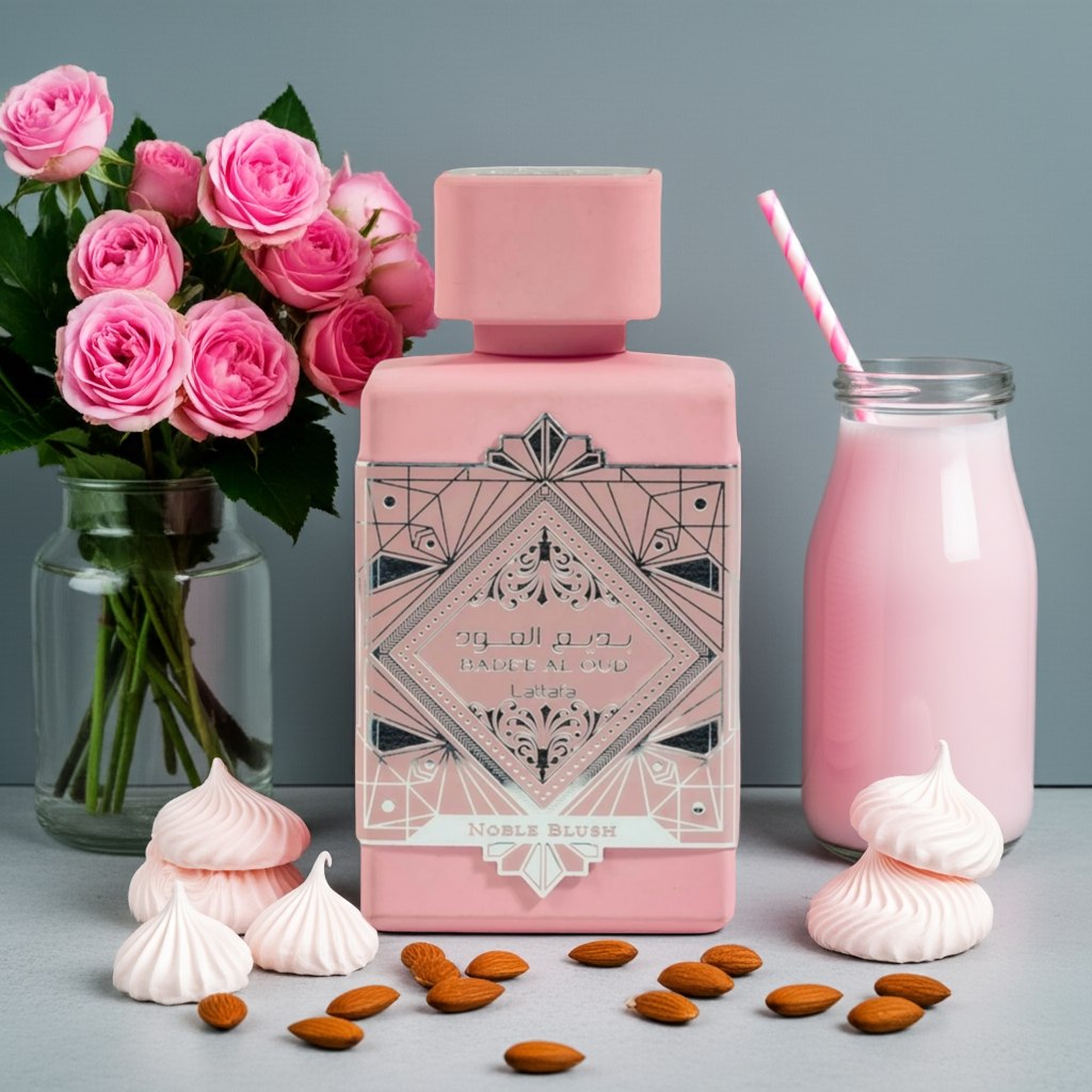 Notes de Badee Al Oud Noble Blush – Lattafa : pêche, freesia, rose, bois de santal, vanille lait des roses, meringue et ambre.