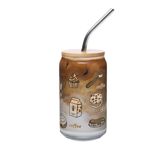 Gobelet en verre – Motifs café et tasses illustrées / Couvercle en bambou et paille réutilisable – 473 ml