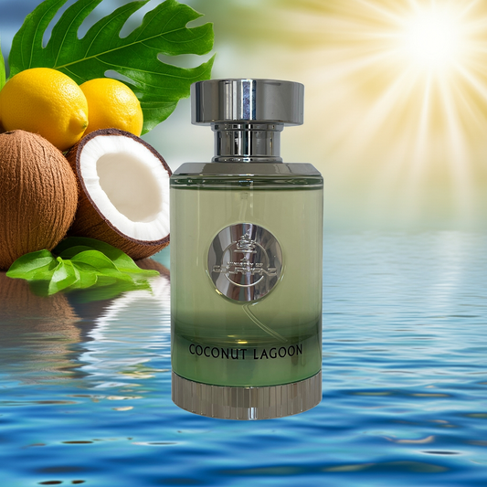 Notes de Coconut Lagoon : noix de coco crémeuse, vanille, bergamote, caramel doux et bois délicat.