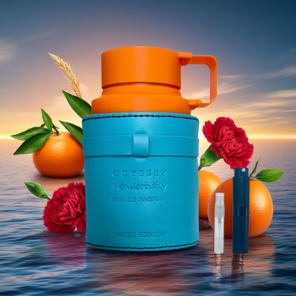 Mandarine Sky de Armaf Notes de parfum : mandarine pétillante, fleurs blanches délicates, bois blond et musc doux.