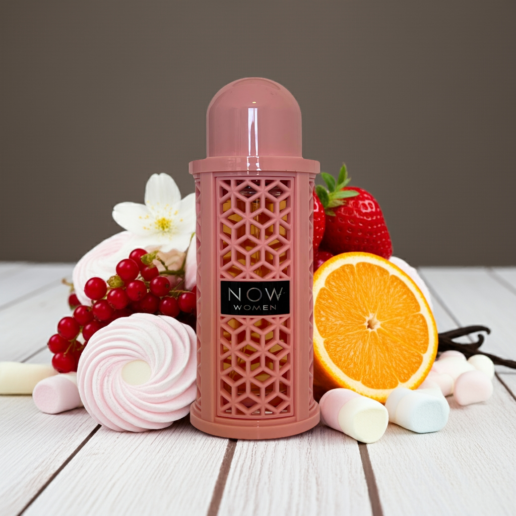 Notes de Now Women – RAVE by Lattafa : fruits éclatants, fraises, orange, vanille, fleurs douces, musc et bois précieux.

