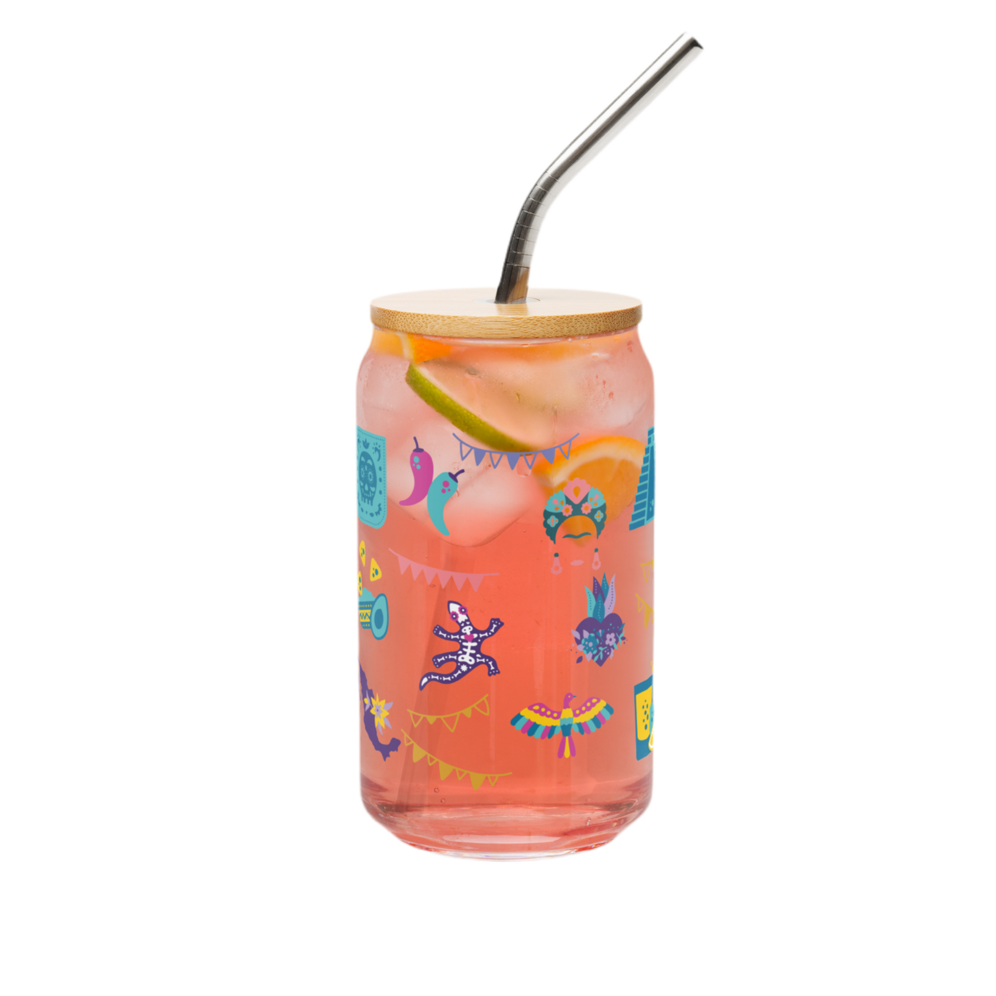 Gobelet en verre motifs mexicains avec couvercle en bambou et paille / Design coloré et festif – 473 ml