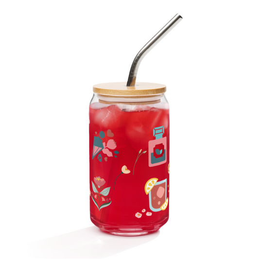 Verre design avec couvercle en bambou et paille / Motif inspiré de l’univers du parfum – 473 ml