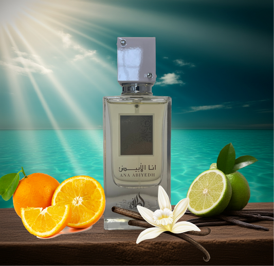 Notes d’Ana Abiyedh – Lattafa : musc blanc, bergamote, orange, vanille, ambre, fève tonka et bois clairs.