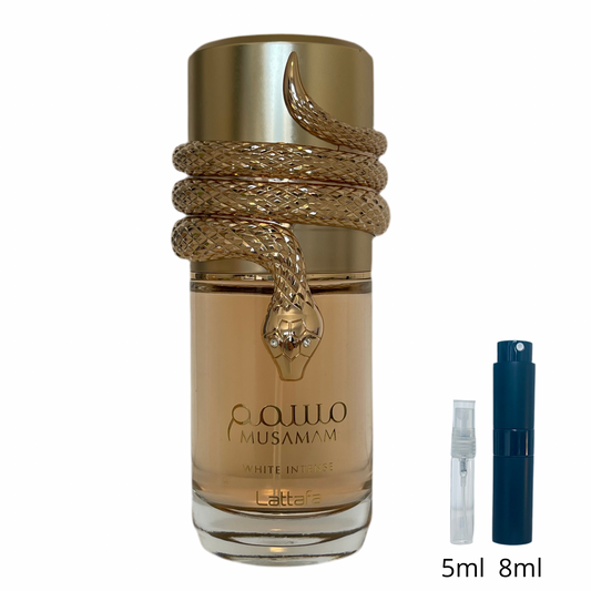 Musamam White Intense – Lattafa / Échantillon 5 ml ou 8 ml / Flacon en verre avec spray / Parfum format voyage
