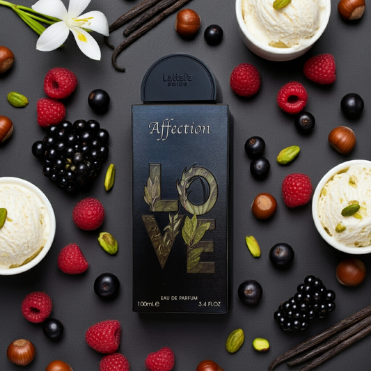 Notes d’Affection Love – Lattafa : fruits rouges, Hazelnut, pistachio,fleurs blanches, rose, vanille, musc et bois doux.