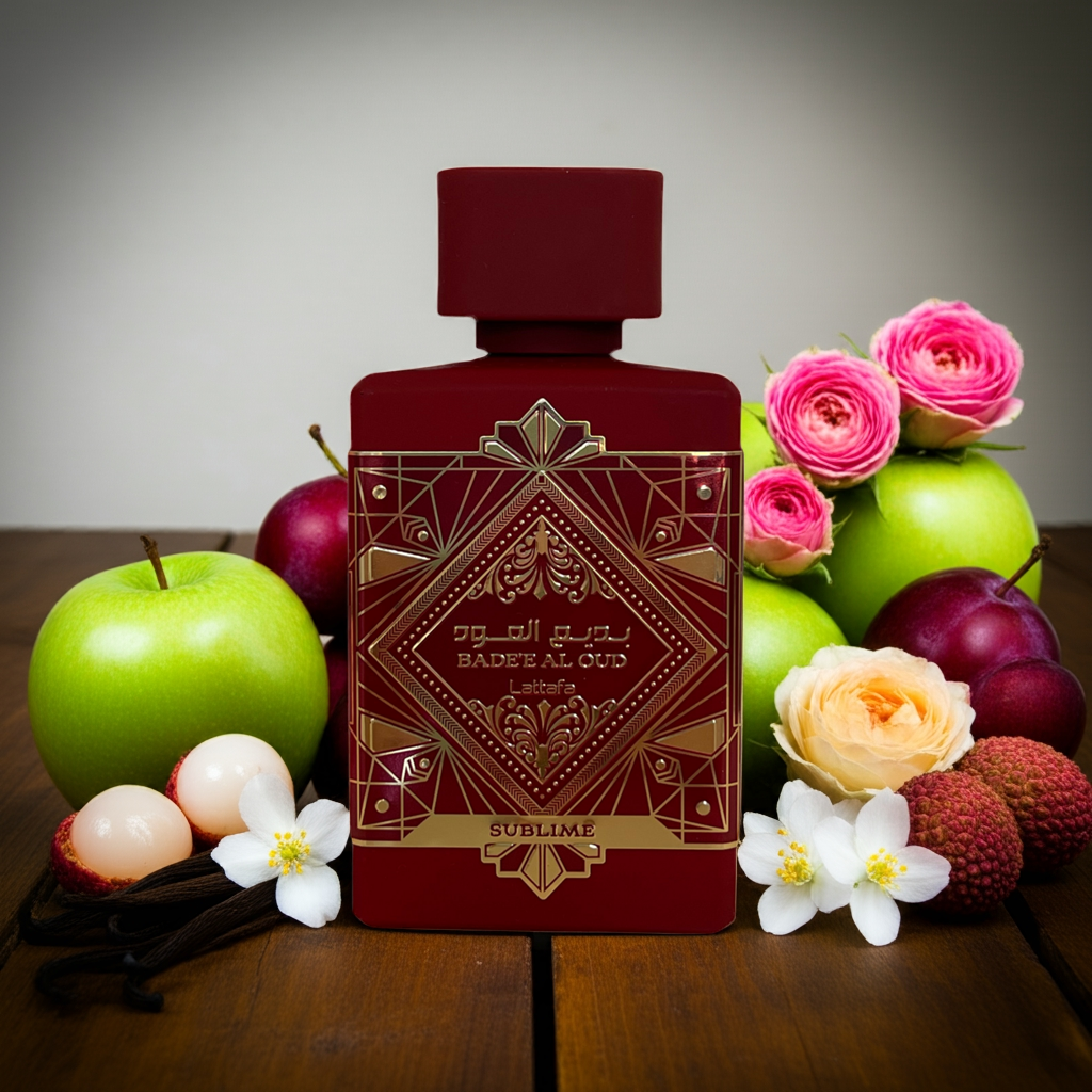 Notes de Bade’e Al Oud Sublime – Lattafa : litchi, pomme verte, prune, rose, jasmin, oud, musc et vanille.

