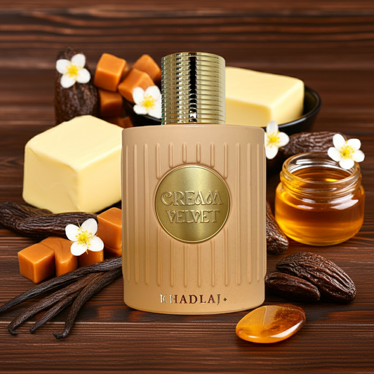Notes de Cream Velvet – Khadlaj : vanille crémeuse, beurre, caramel,musc doux, fleurs blanches et bois ambrés.