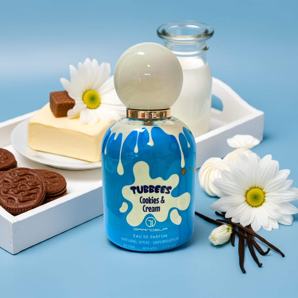 Notes de Tubbees Cookies & Cream – Grandeur : biscuit chocolaté, crème vanillée, musc doux et fève tonka.