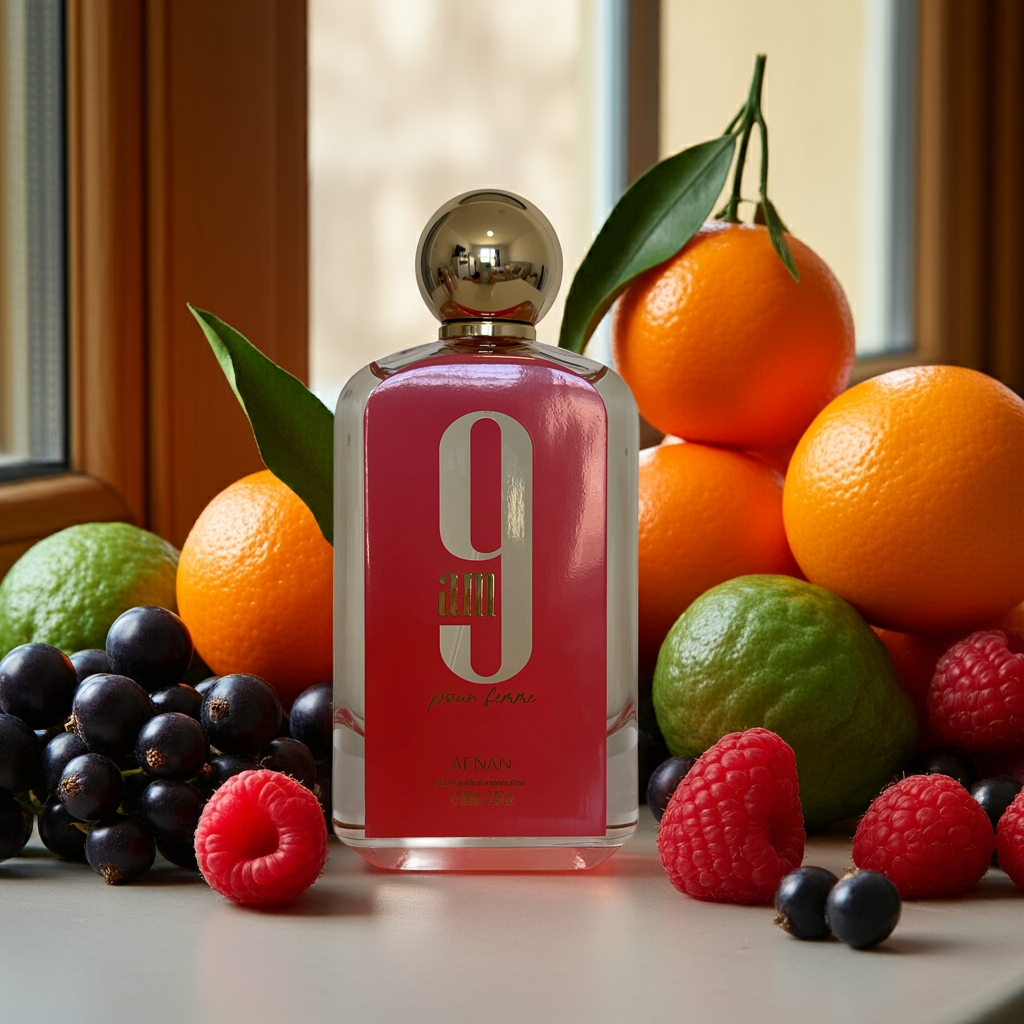Notes de 9am pour Femme – Afnan : pomme, framboise, agrumes, rose, jasmin, musc, bois et ambre.
